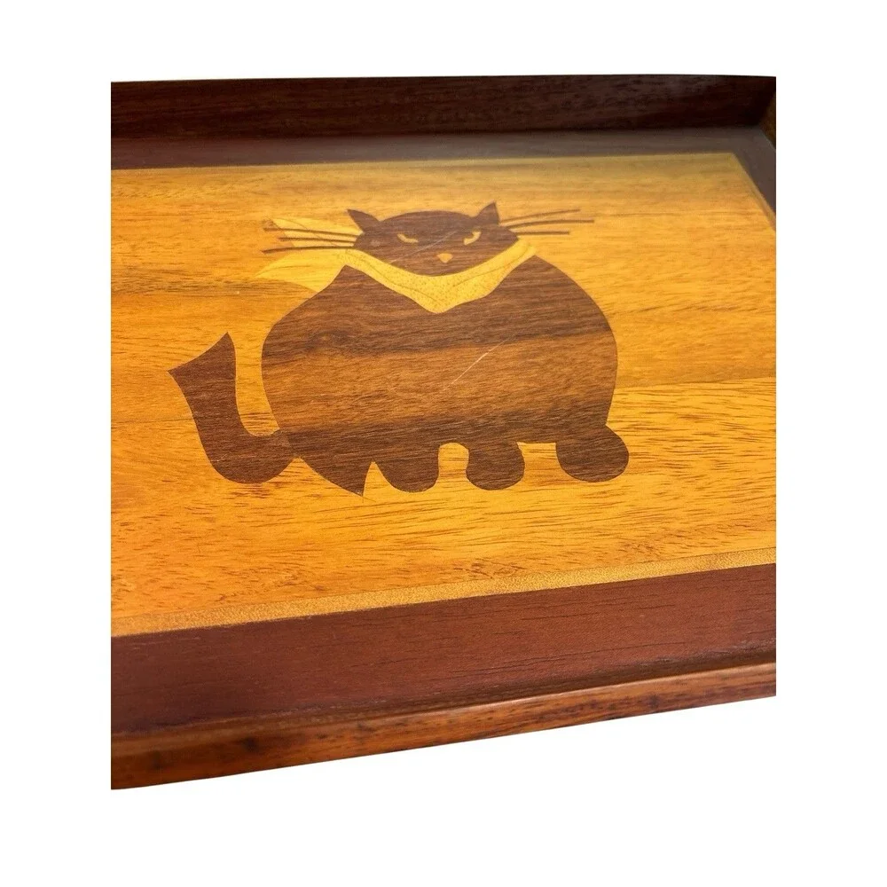 Vintage Philippines MCM Teak? Wood Tray Fat Chunky Cat Inlay